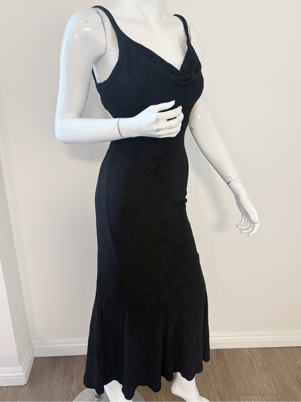 Vintage Black Cowl Neck Sparkly Evening Gown Slip Style Maxi Dress Back Cut-out